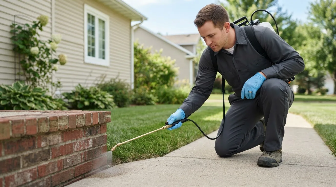 Pest control technician treating a home near Billerica, MA